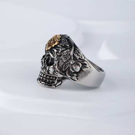 Anillo Con Diseño Vintage Calavera Y Flores Vintage Para Hombre En Acero Inoxidable