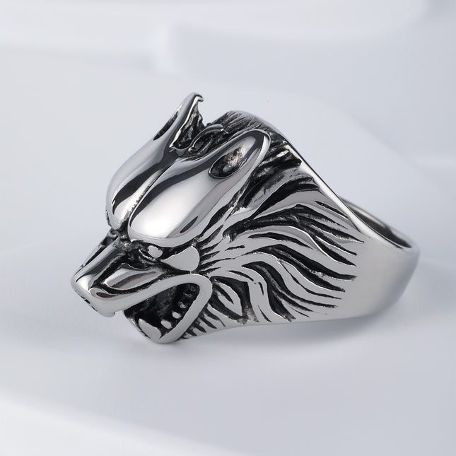 Anillo Con Diseño Vintage Cabeza De Lobo Y Cruz Para Hombre De Acero Inoxidable