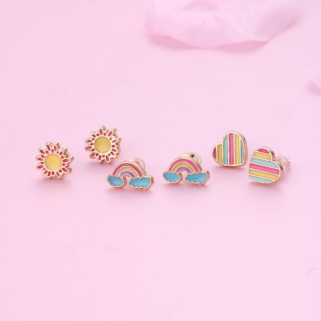 Aretes Para Niños De Aleación Dulces Con Diseños De Sol, Arcoíris Y Corazón