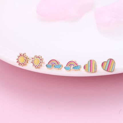 Aretes Para Niños De Aleación Dulces Con Diseños De Sol, Arcoíris Y Corazón