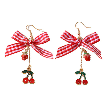 Aretes Con Lazo A Cuadros Y Colgantes De Cereza Y Fresa, Estilo Adorable