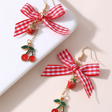 Aretes Con Lazo A Cuadros Y Colgantes De Cereza Y Fresa, Estilo Adorable