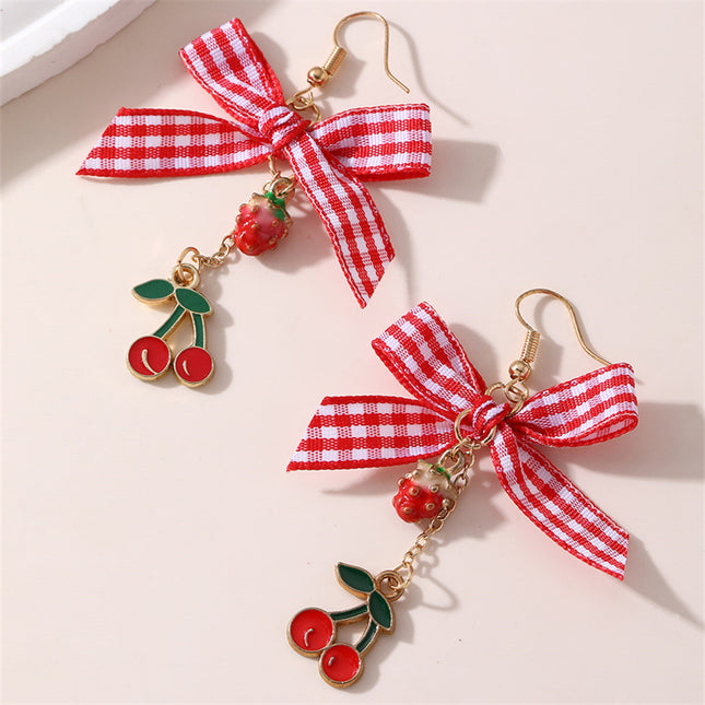 Aretes Con Lazo A Cuadros Y Colgantes De Cereza Y Fresa, Estilo Adorable