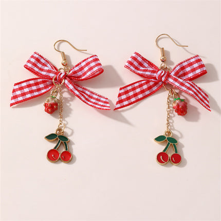 Aretes Con Lazo A Cuadros Y Colgantes De Cereza Y Fresa, Estilo Adorable