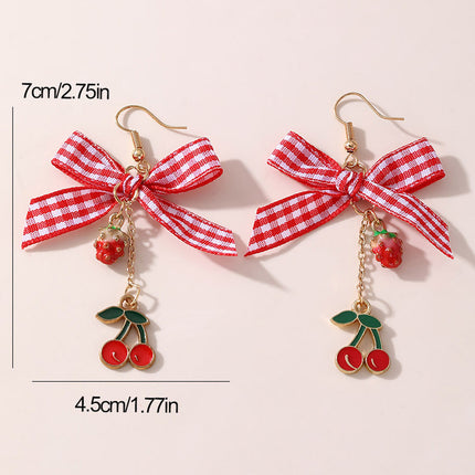 Aretes Con Lazo A Cuadros Y Colgantes De Cereza Y Fresa, Estilo Adorable
