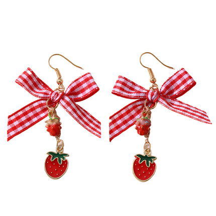 Aretes Con Lazo A Cuadros Y Colgantes De Cereza Y Fresa, Estilo Adorable