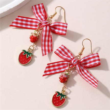 Aretes Con Lazo A Cuadros Y Colgantes De Cereza Y Fresa, Estilo Adorable