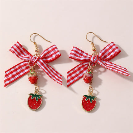 Aretes Con Lazo A Cuadros Y Colgantes De Cereza Y Fresa, Estilo Adorable