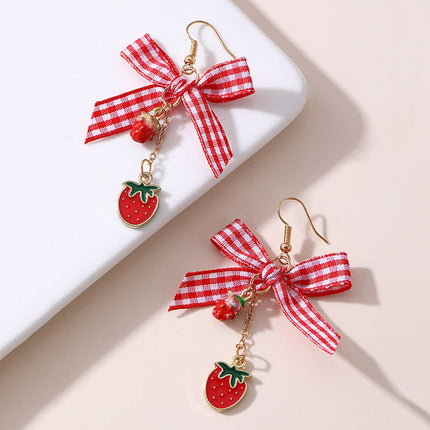 Aretes Con Lazo A Cuadros Y Colgantes De Cereza Y Fresa, Estilo Adorable
