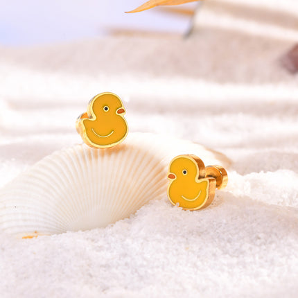 Aretes Moda De Pato Amarillo De Acero Inoxidable Para Mujer