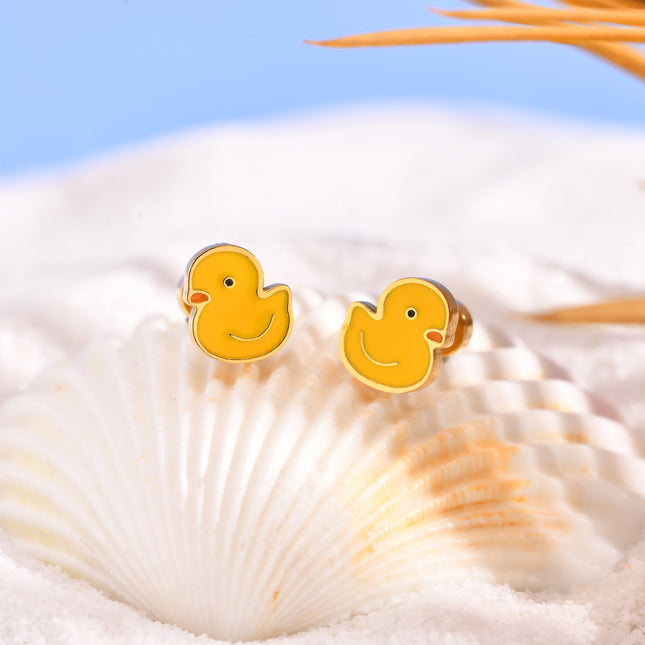Aretes Moda De Pato Amarillo De Acero Inoxidable Para Mujer