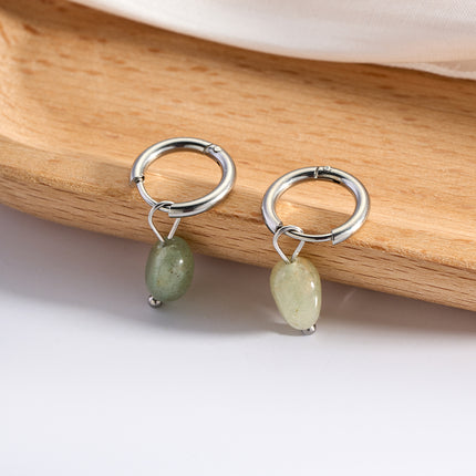 Aretes Broqueles Circulares Con Piedra Natural Verde Claro De Acero Inoxidable