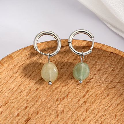 Aretes Broqueles Circulares Con Piedra Natural Verde Claro De Acero Inoxidable