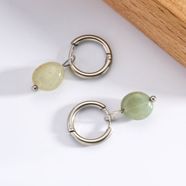 Aretes Broqueles Circulares Con Piedra Natural Verde Claro De Acero Inoxidable
