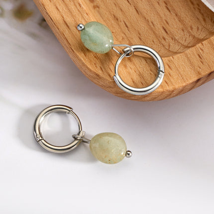 Aretes Broqueles Circulares Con Piedra Natural Verde Claro De Acero Inoxidable