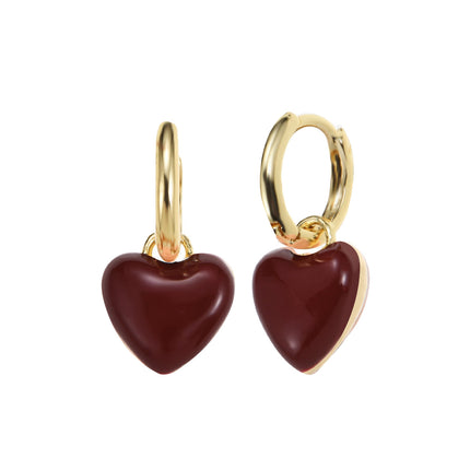 Aretes De Corazón En Aleación Con Esmalte Rojo Vino Estilo Romático