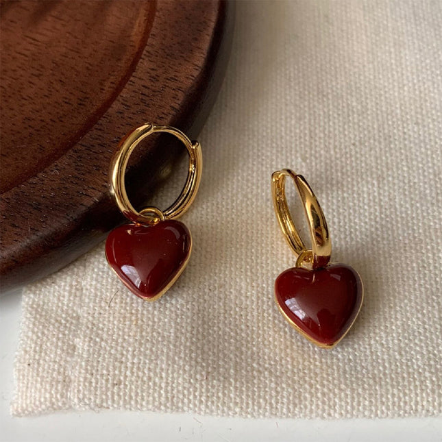 Aretes De Corazón En Aleación Con Esmalte Rojo Vino Estilo Romático