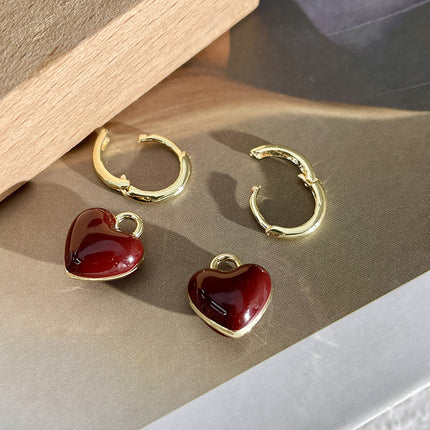 Aretes De Corazón En Aleación Con Esmalte Rojo Vino Estilo Romático