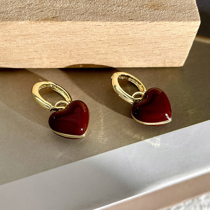 Aretes De Corazón En Aleación Con Esmalte Rojo Vino Estilo Romático