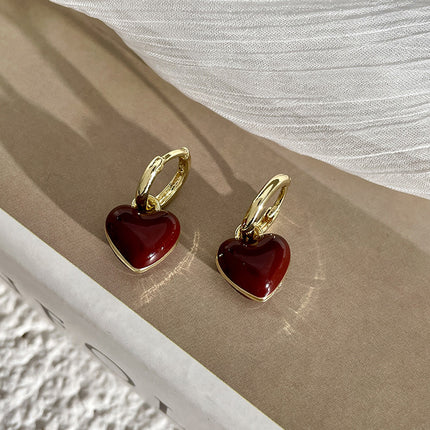 Aretes De Corazón En Aleación Con Esmalte Rojo Vino Estilo Romático