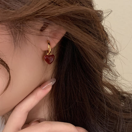 Aretes De Corazón En Aleación Con Esmalte Rojo Vino Estilo Romático
