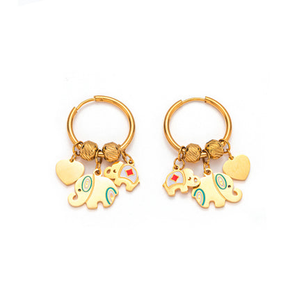Aretes Broqueles De Corazón Y Elefante Dorados En Cobre Estilo Étnico