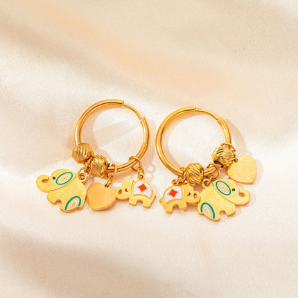Aretes Broqueles De Corazón Y Elefante Dorados En Cobre Estilo Étnico