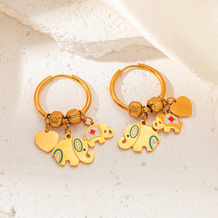 Aretes Broqueles De Corazón Y Elefante Dorados En Cobre Estilo Étnico