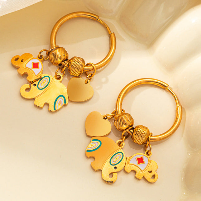 Aretes Broqueles De Corazón Y Elefante Dorados En Cobre Estilo Étnico