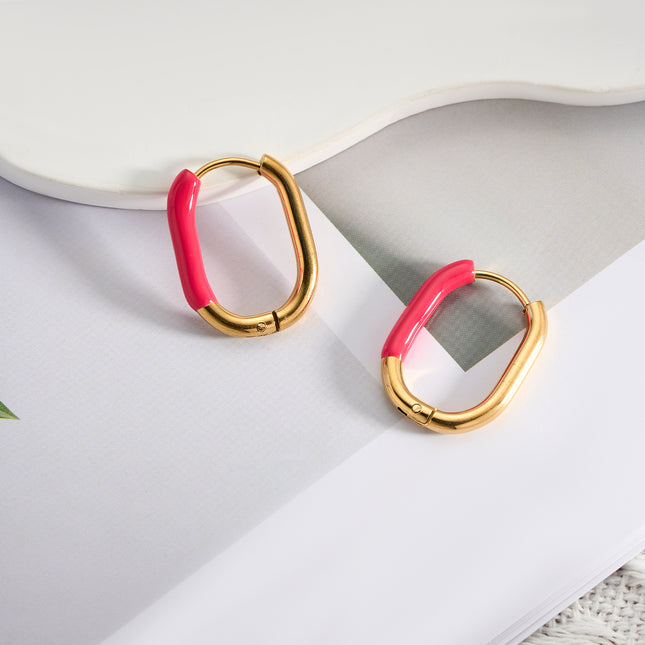 Aretes Broqueles En Diseño U Con Un Lado De Resina Rosa De Acero Inoxidable