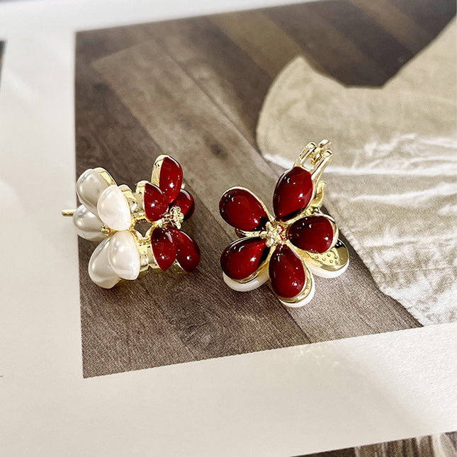Aretes De Cristal Con Diseño De Doble Flor Vintage, Blanco Y Vino