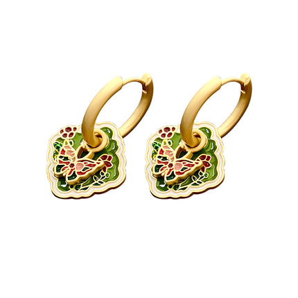 Aretes Broqueles De Cobre Con Esmalte Verde Y Detalle De Mariposa Vintage