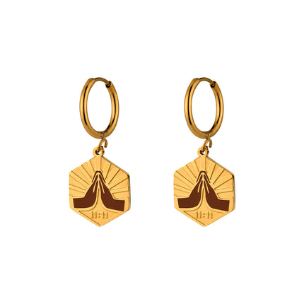 Aretes Broqueles Con Círculo Y Hexágono Color Champán De Acero Inoxidable En Oro 14K