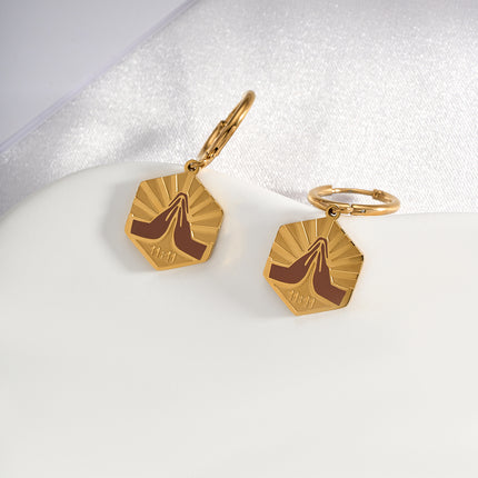 Aretes Broqueles Con Círculo Y Hexágono Color Champán De Acero Inoxidable En Oro 14K