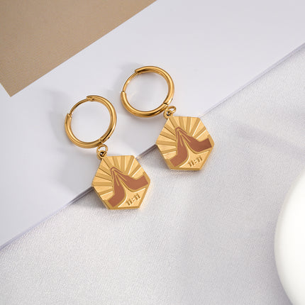 Aretes Broqueles Con Círculo Y Hexágono Color Champán De Acero Inoxidable En Oro 14K