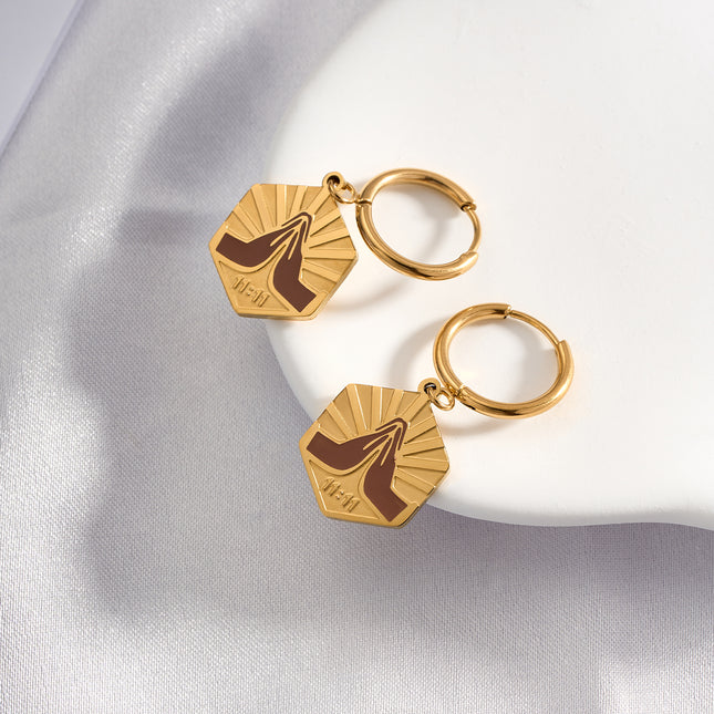 Aretes Broqueles Con Círculo Y Hexágono Color Champán De Acero Inoxidable En Oro 14K