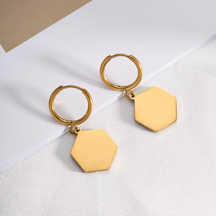 Aretes Broqueles Con Círculo Y Hexágono Color Champán De Acero Inoxidable En Oro 14K