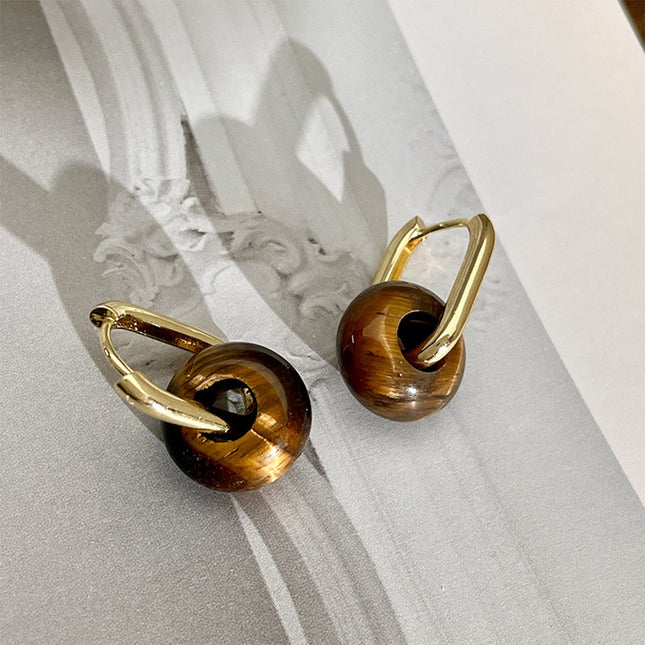 Aretes De Aros Con Piedra Ojo De Tigre Estilo Vintage