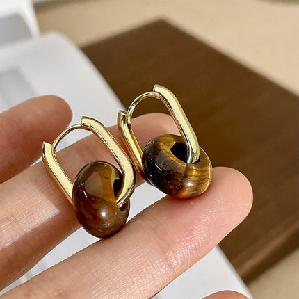Aretes De Aros Con Piedra Ojo De Tigre Estilo Vintage