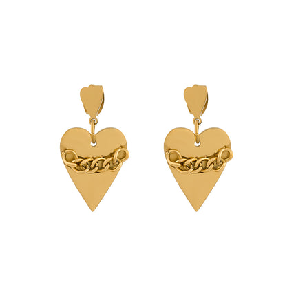 Aretes Broqueles De Corazones Con Cadena De Acero Inoxidable En Oro 14K