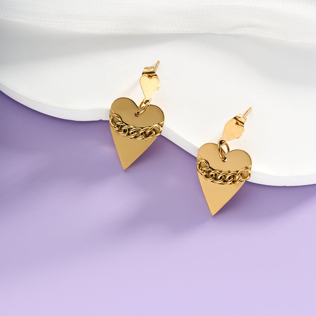 Aretes Broqueles De Corazones Con Cadena De Acero Inoxidable En Oro 14K