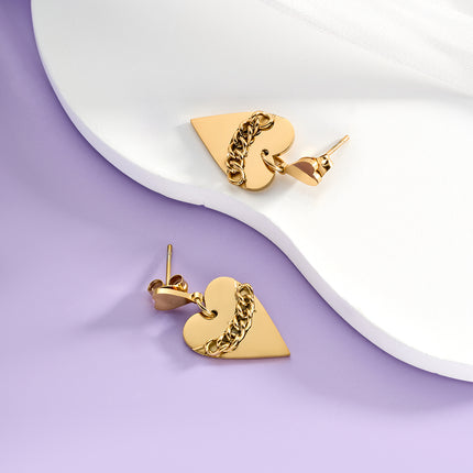 Aretes Broqueles De Corazones Con Cadena De Acero Inoxidable En Oro 14K