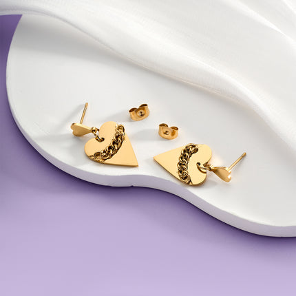 Aretes Broqueles De Corazones Con Cadena De Acero Inoxidable En Oro 14K