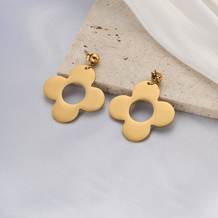 Aretes Broqueles Con Diseño De Flor De Cuatro Pétalos Y Media Esfera De Acero Inoxidable