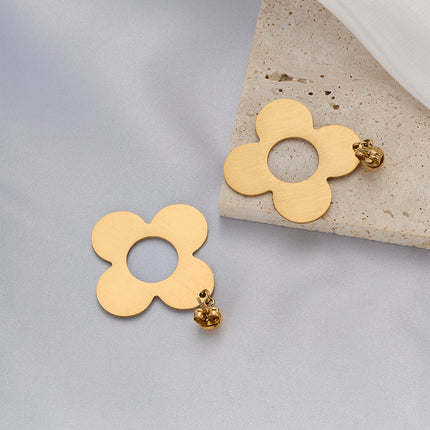 Aretes Broqueles Con Diseño De Flor De Cuatro Pétalos Y Media Esfera De Acero Inoxidable