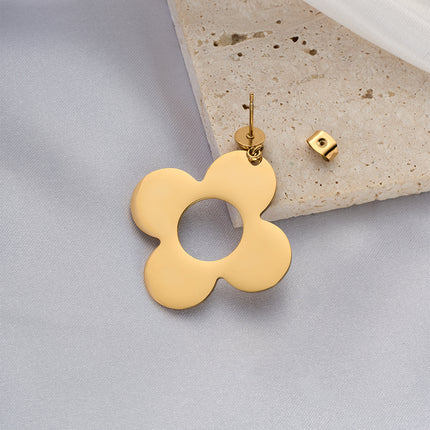 Aretes Broqueles Con Diseño De Flor De Cuatro Pétalos Y Media Esfera De Acero Inoxidable