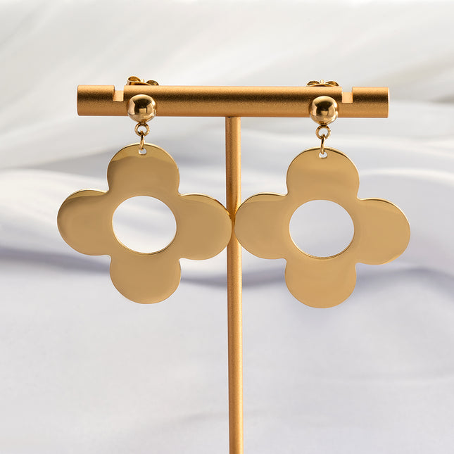 Aretes Broqueles Con Diseño De Flor De Cuatro Pétalos Y Media Esfera De Acero Inoxidable
