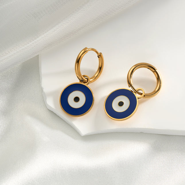 Aretes Broqueles De Acero Inoxidable Con Diseño De Ojos Azules Y Blancos