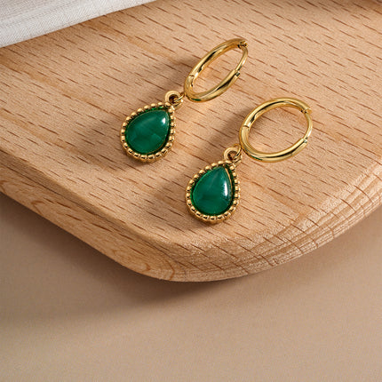 Aretes Broqueles De Acero Inoxidable Con Diseño De Círculo Y Gota Verde De Zirconia