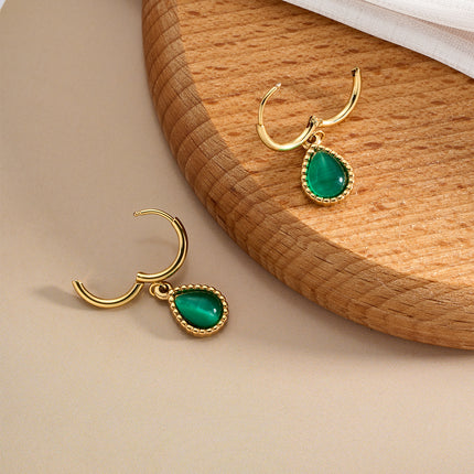 Aretes Broqueles De Acero Inoxidable Con Diseño De Círculo Y Gota Verde De Zirconia